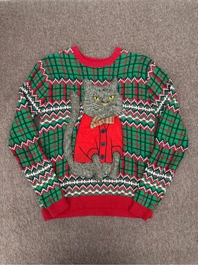 33Degrees Brown Cat Ugly Holiday Christmas Adult Small Pullover Fuzzy Sweater